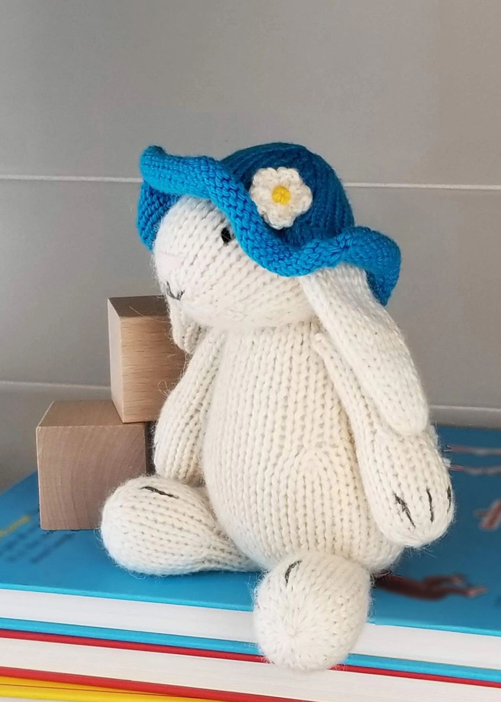 Melange Collection Knit Toy White Bunny with Blue Sun Hat
