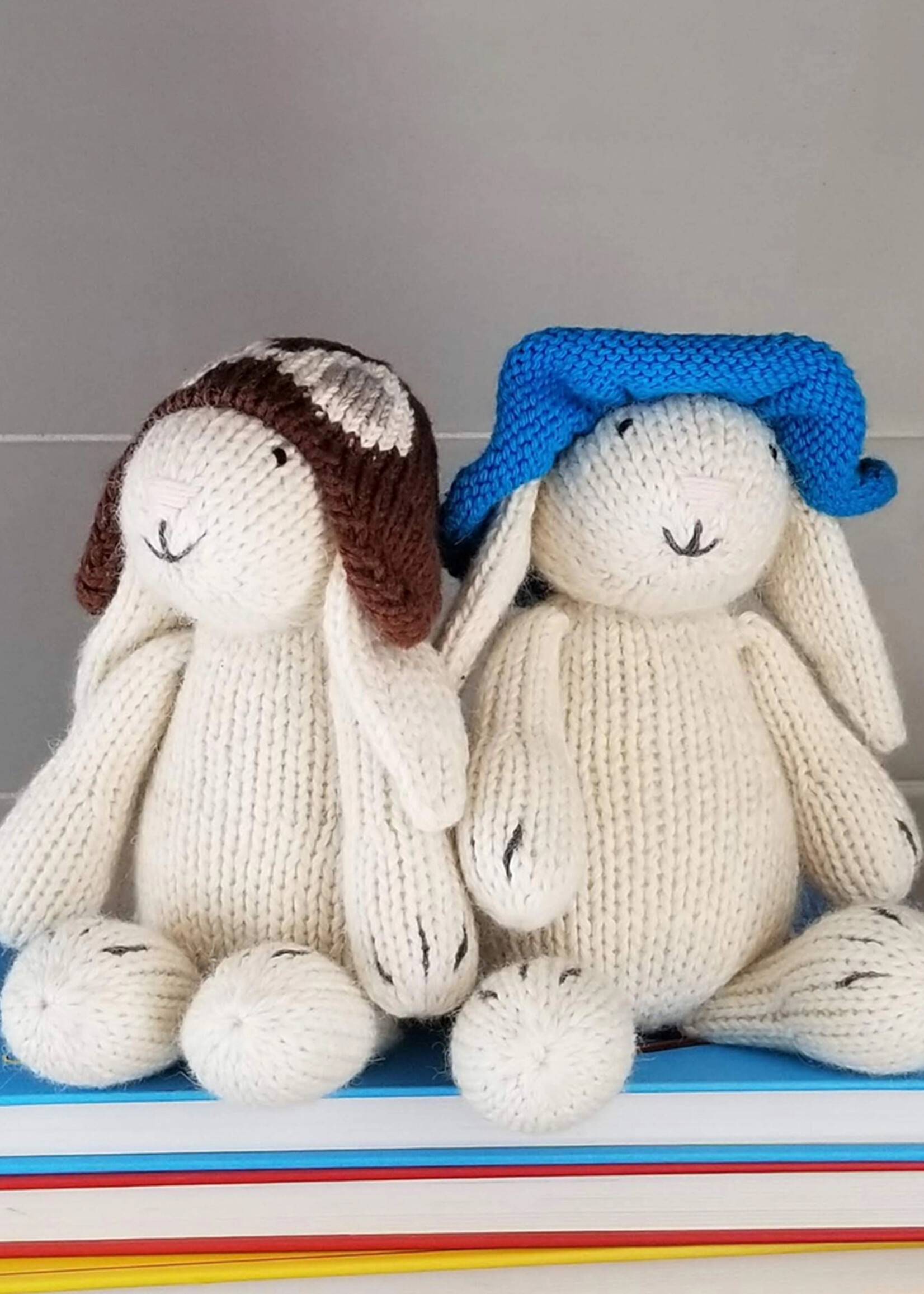 Melange Collection Knit Toy White Bunny with Blue Sun Hat