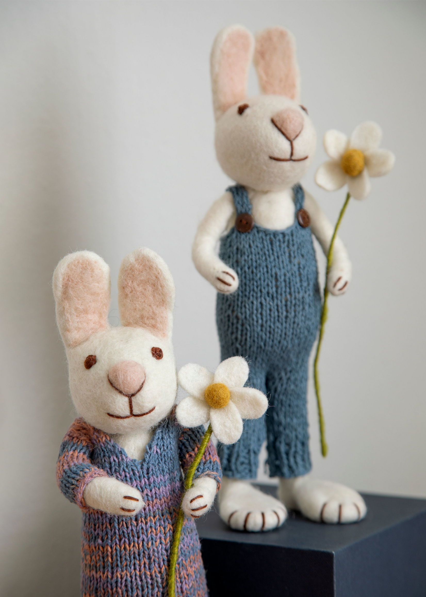 Gry and Sif Extra Large White Felt Bunny with Blue Pants and Marguerite