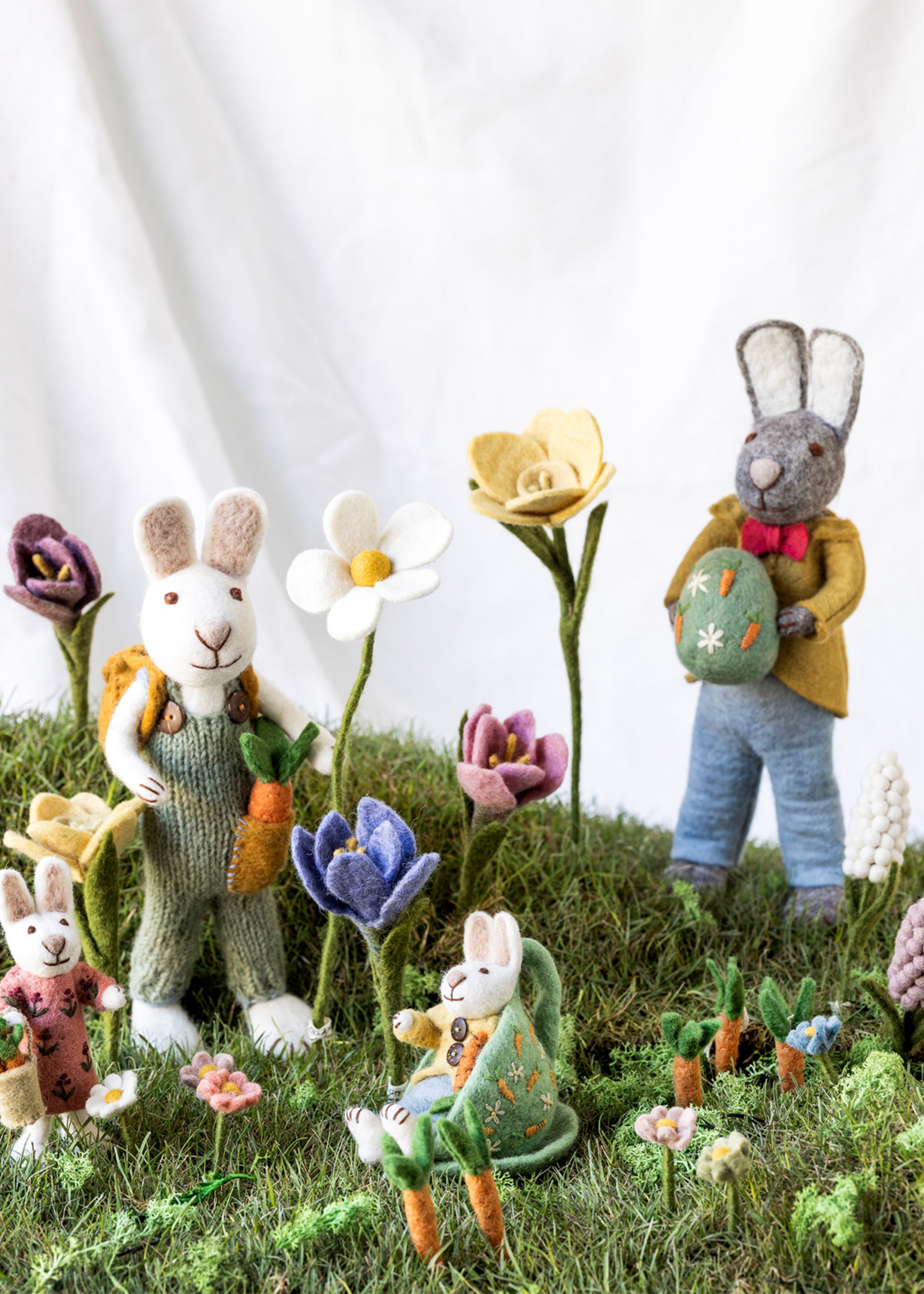 Gry and Sif Felt White Boy Bunny with Carrot & Backpack