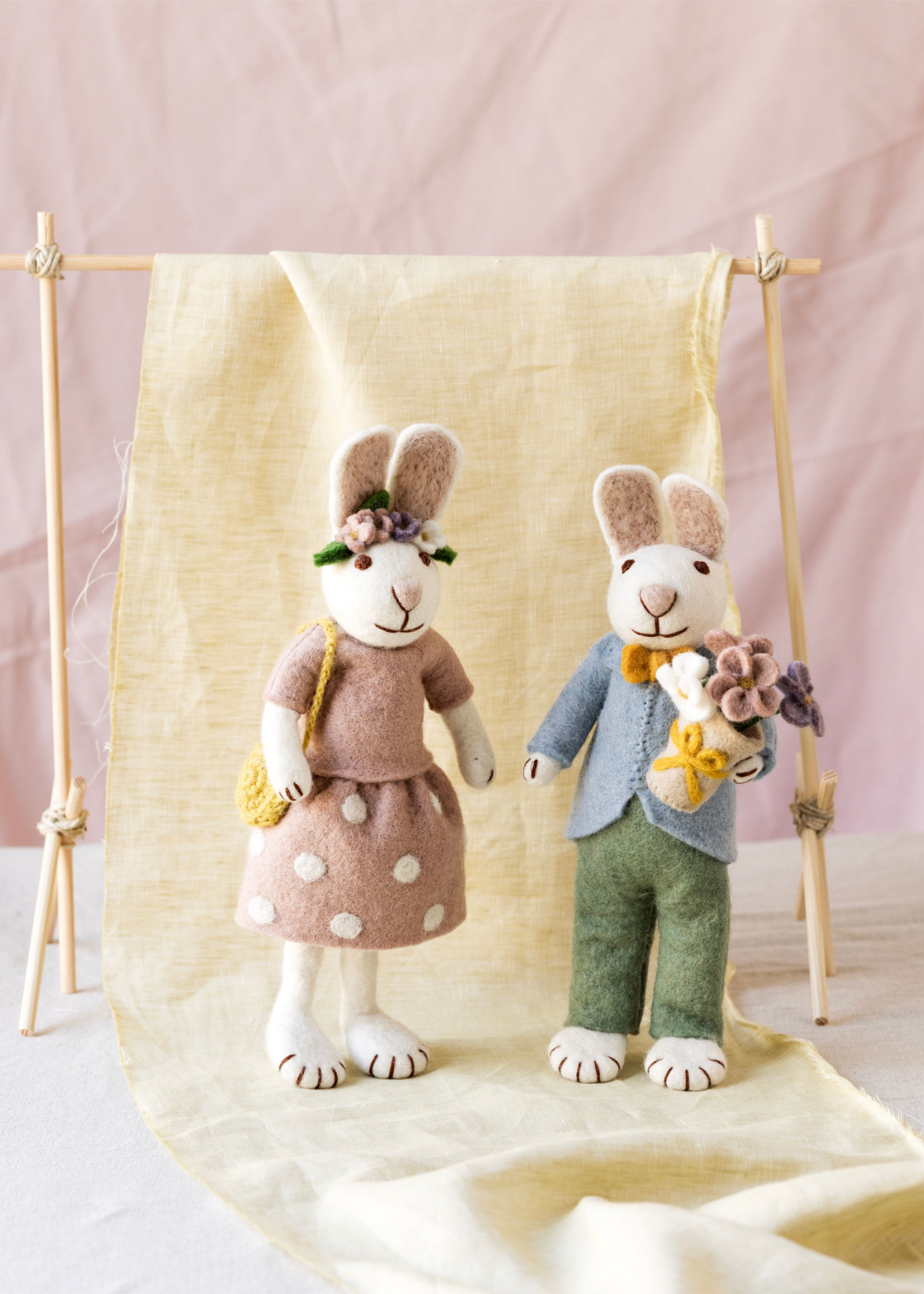 Gry and Sif Felt White Boy Bunny with Bouquet