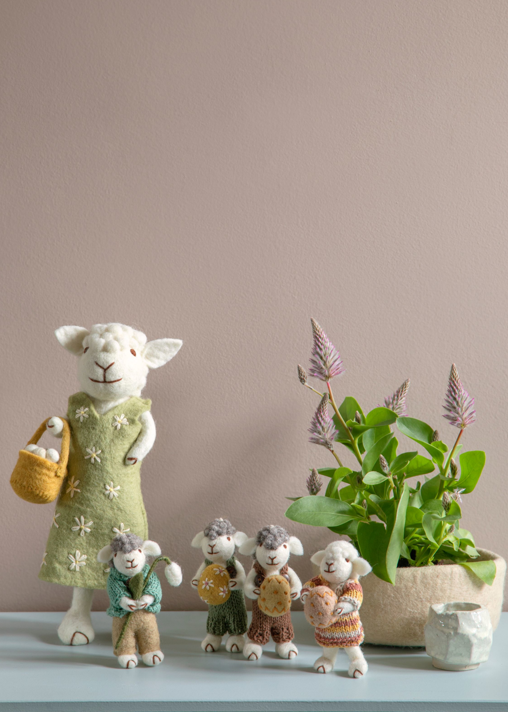 Gry and Sif Felt Grey Sheep with Green Jacket & Snowdrop Ornament