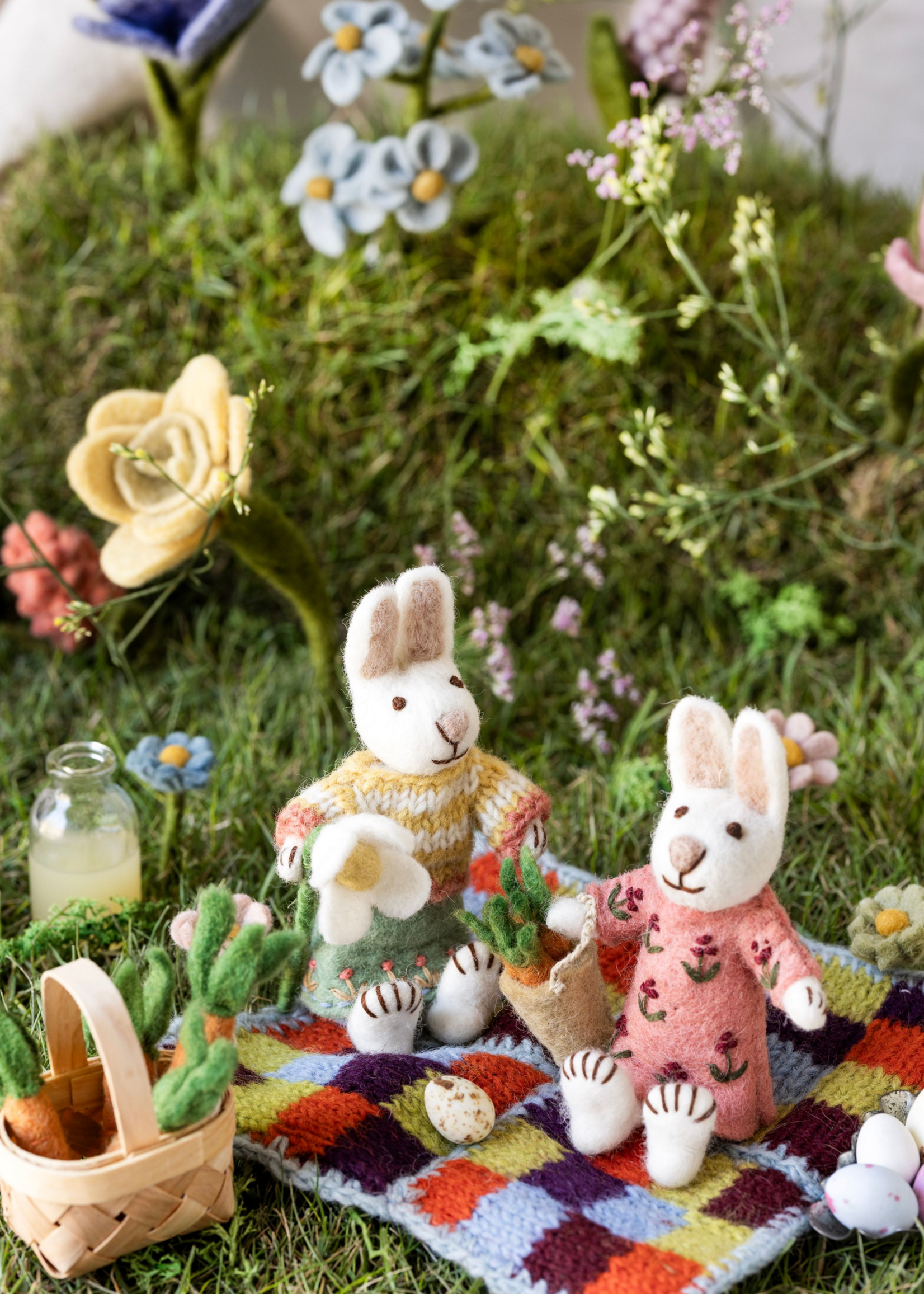 Gry and Sif Felt White Girly Bunny with Carrot Basket Ornament