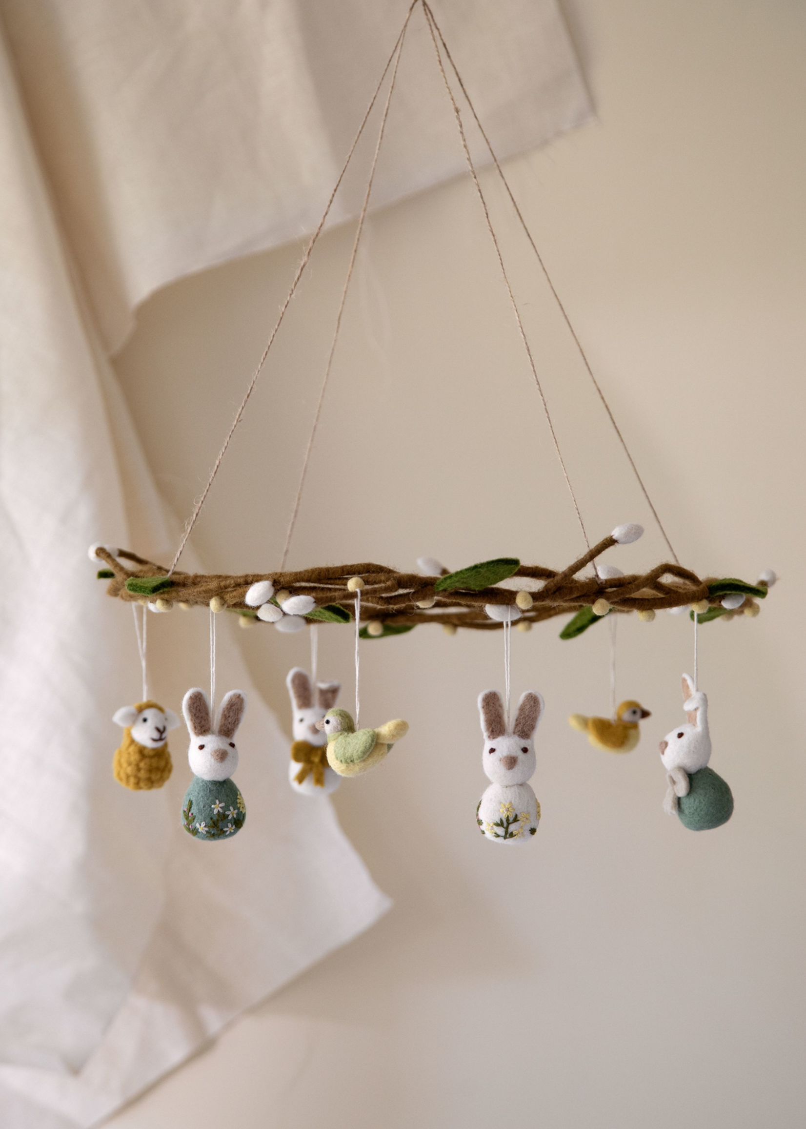 Gry and Sif Small Felt Bunny with Flower Embroidery Ornament - Ochre