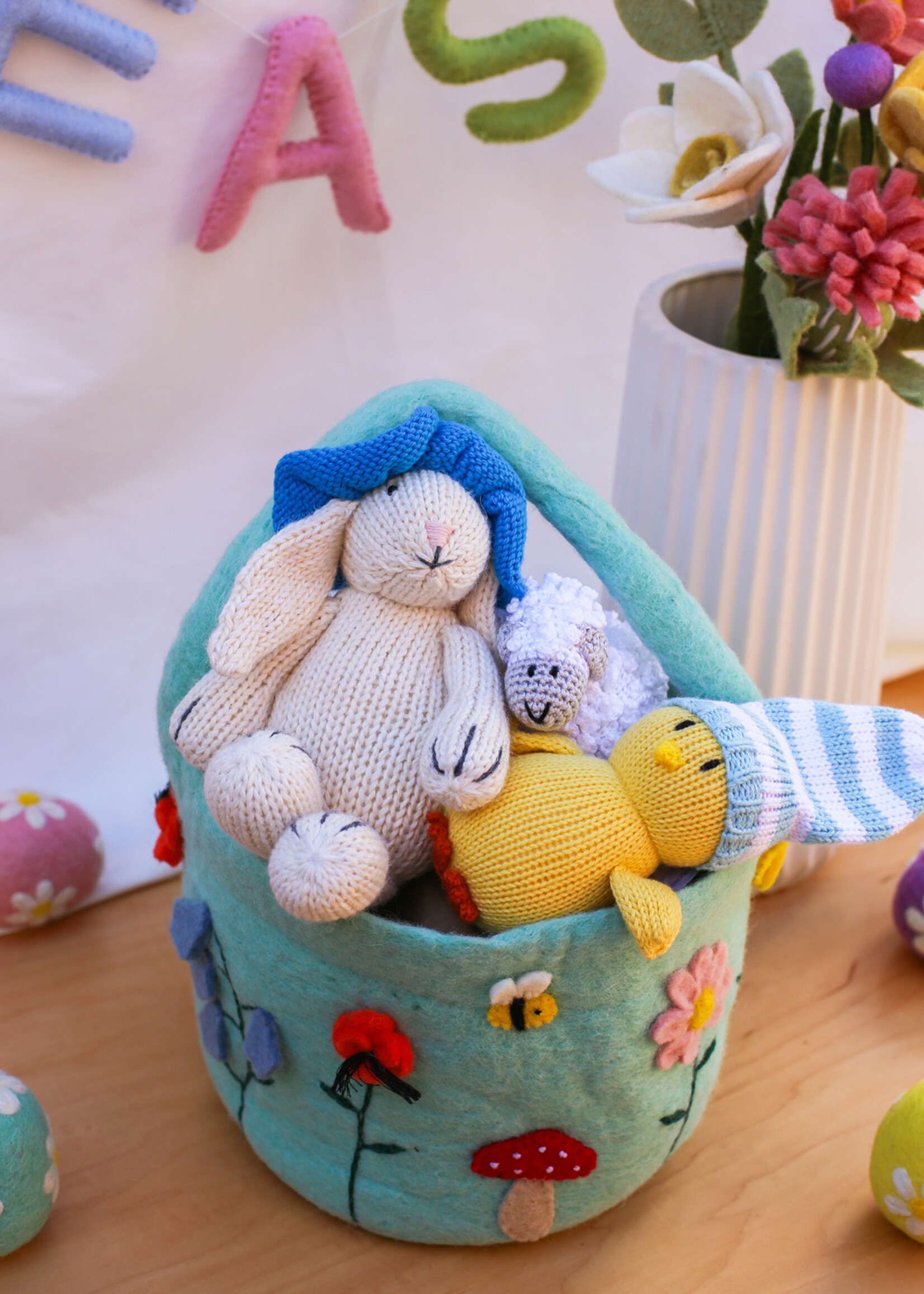 Melange Collection Knit Toy White Bunny with Blue Sun Hat