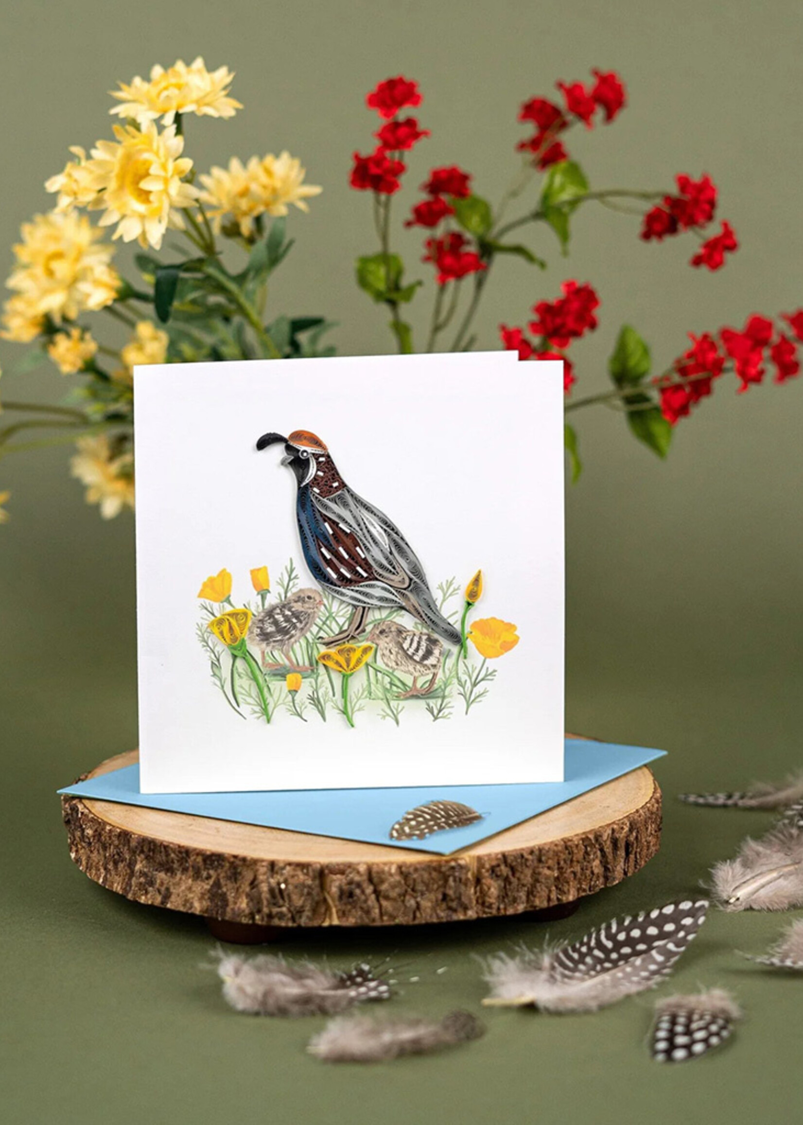 Quilling Cards Quail with Chicks & Poppies Quilling Card