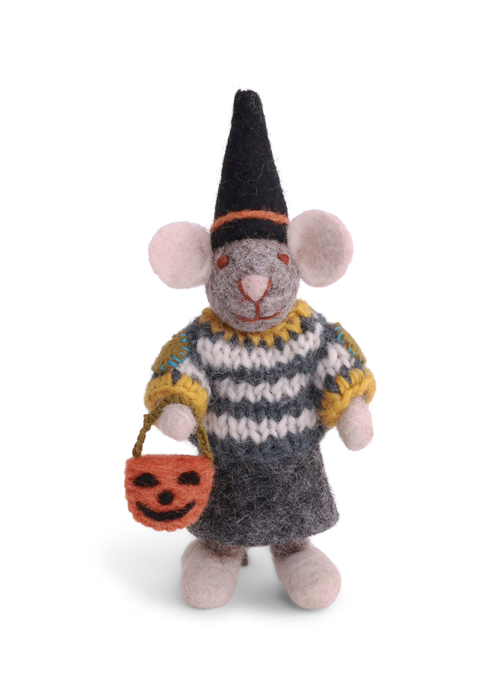 Gry and Sif Felt Grey Girl Mouse with Halloween Basket Ornament