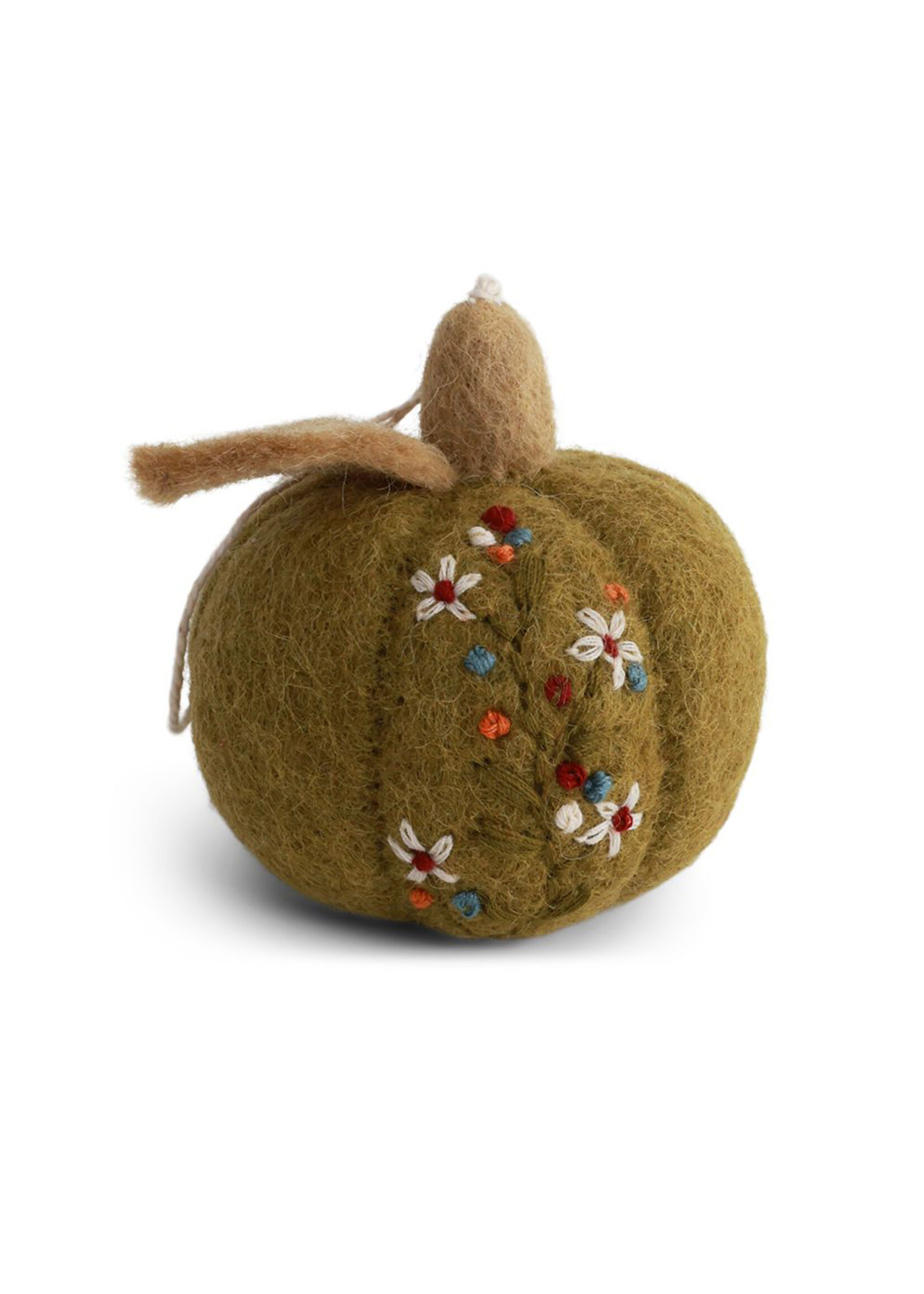 Gry and Sif Green Felt Pumpkin Ornament with Embroidery