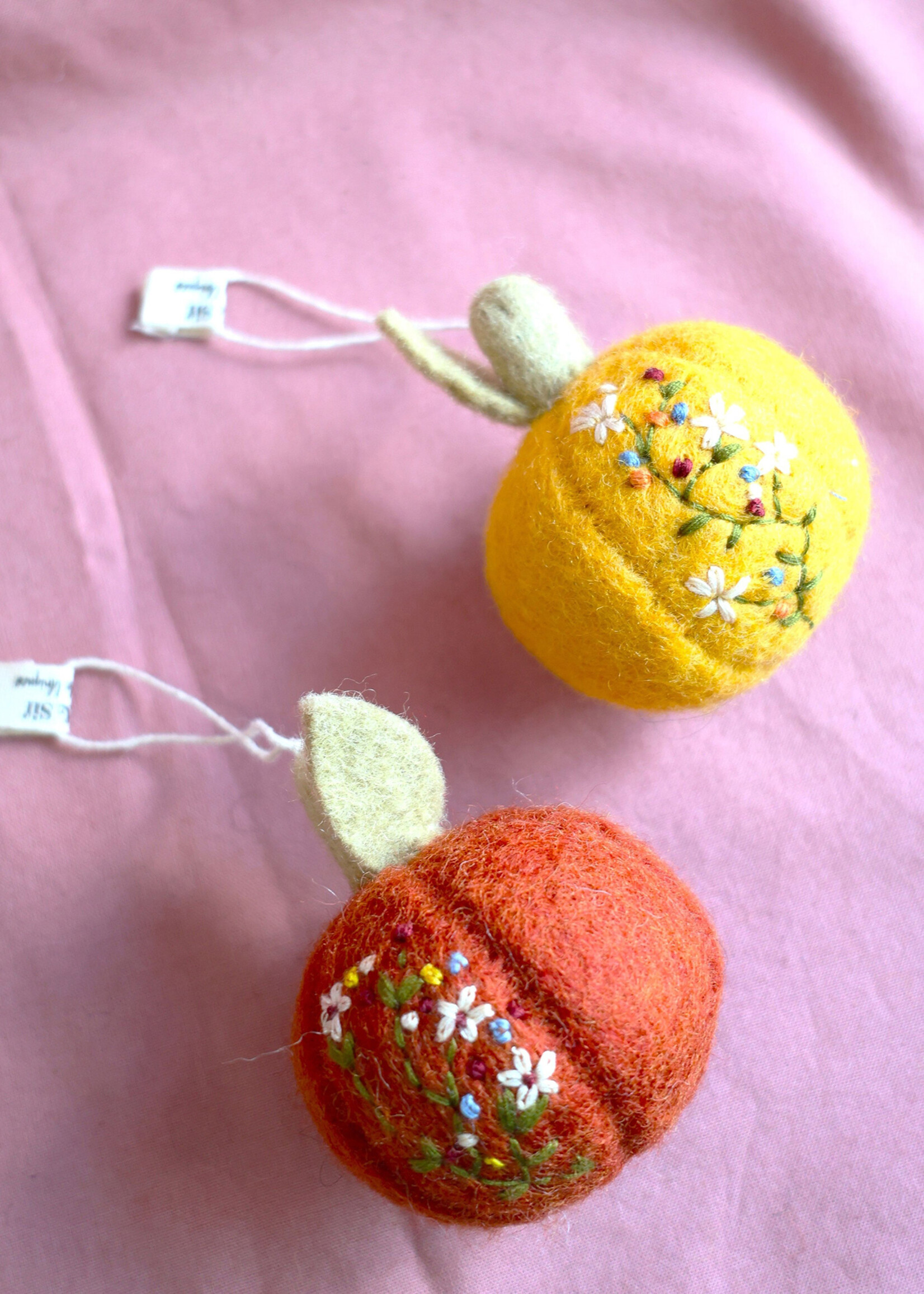 Gry and Sif Yellow Felt Pumpkin Ornament with Embroidery