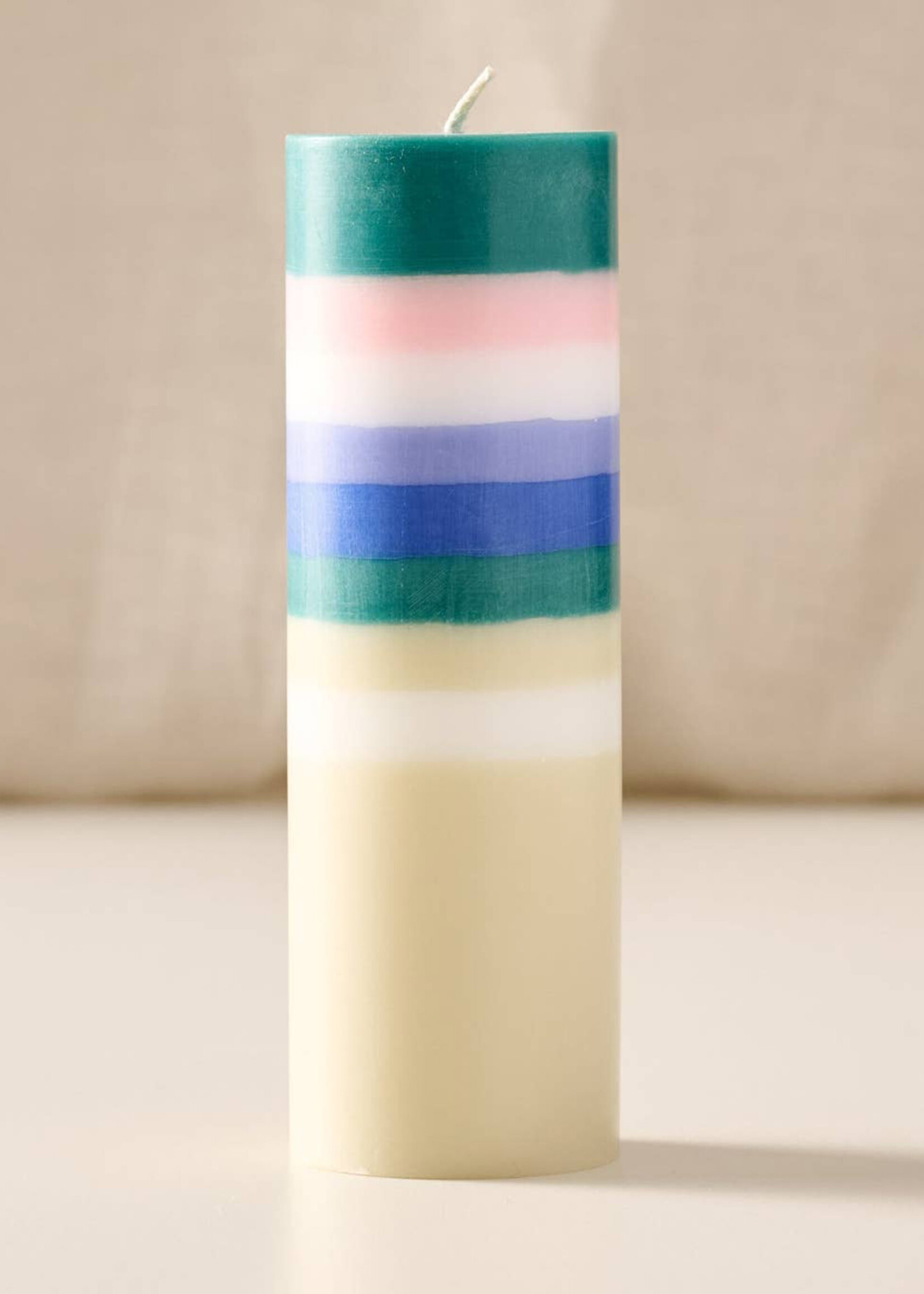 Ten Thousand Villages Rayi Palm Wax Pillar Candle - Short Stripe Blue
