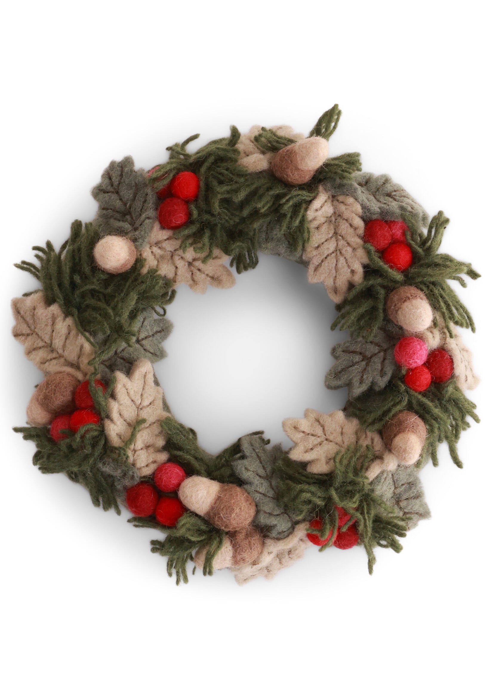 Gry and Sif Felt Christmas Wreath with Red Berries, Leaves, and Acorns