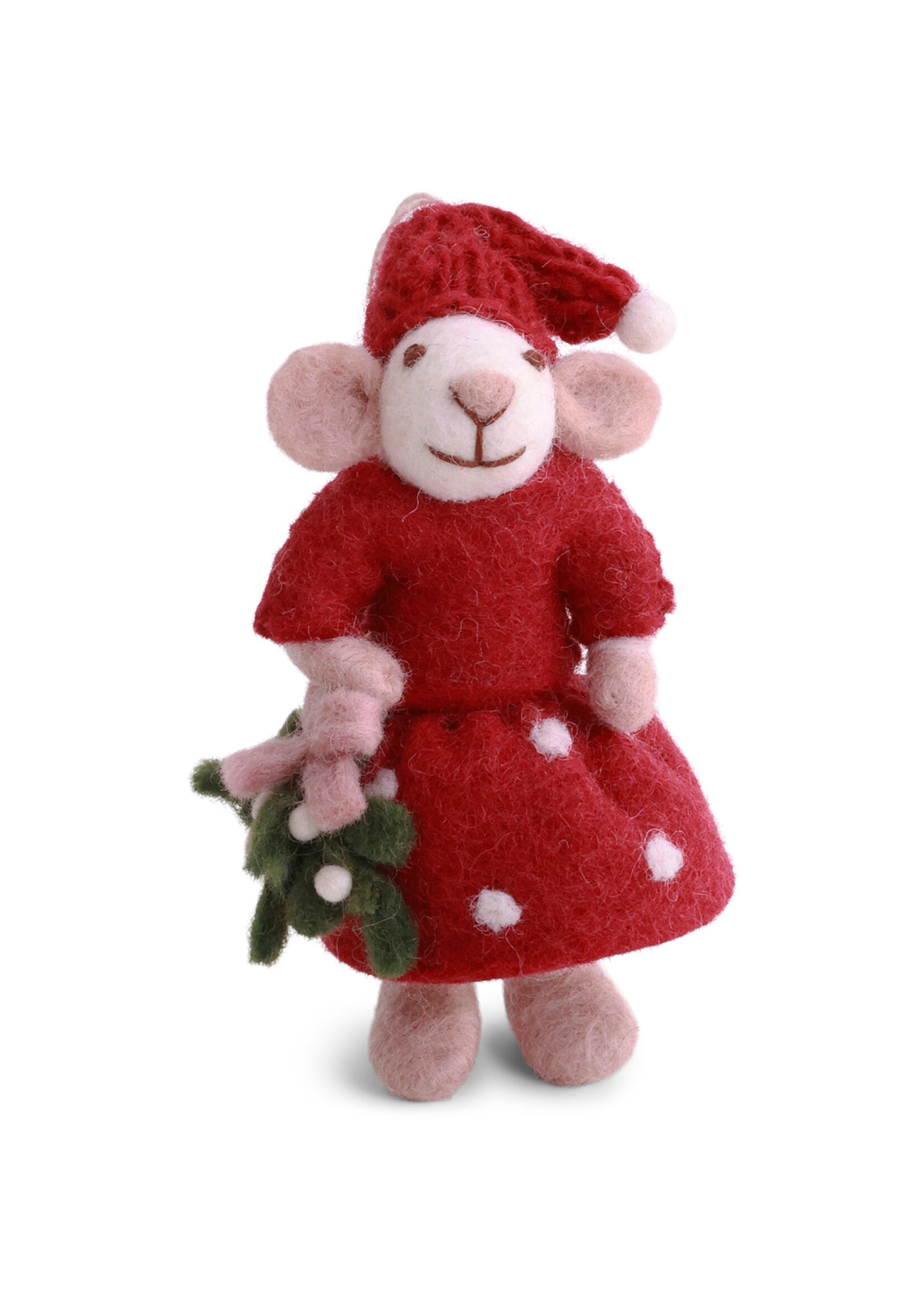 Gry and Sif Felt White Girly Mouse with Mistletoe Ornament