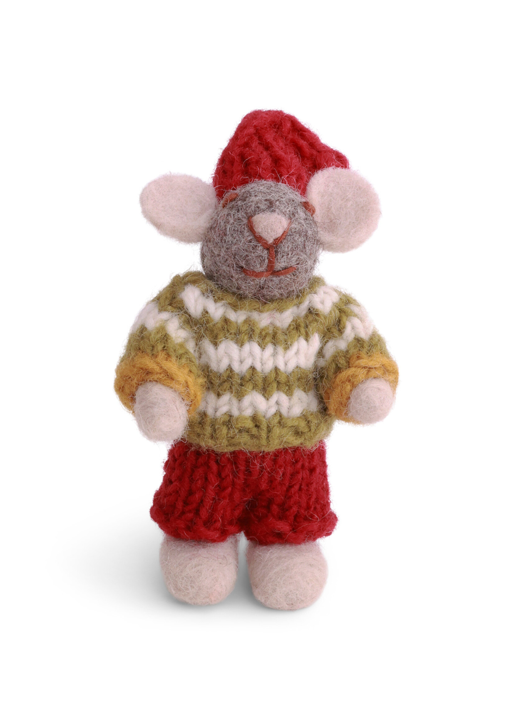 Gry and Sif Mini Felt Grey Boy Mouse with Striped Sweater Ornament