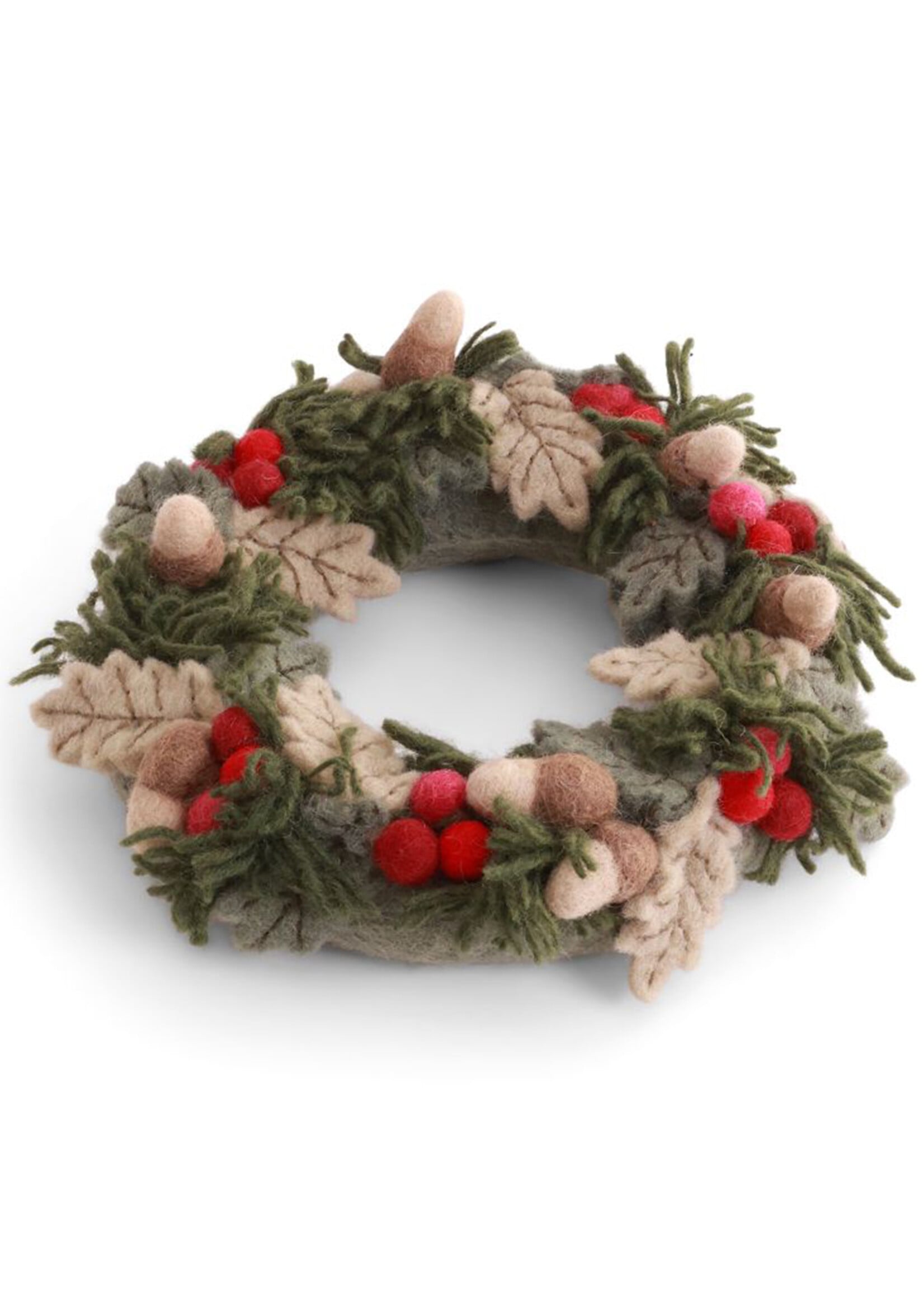 Gry and Sif Felt Christmas Wreath with Red Berries, Leaves, and Acorns