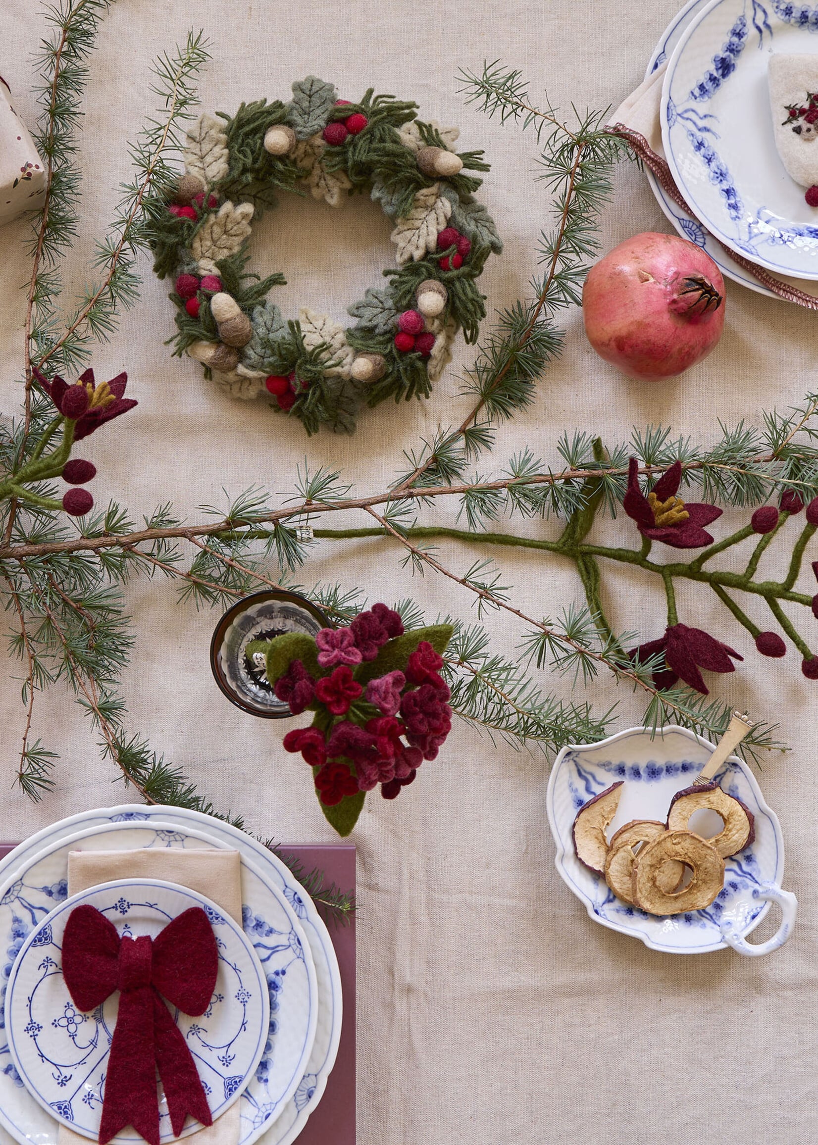 Gry and Sif Felt Christmas Wreath with Red Berries, Leaves, and Acorns