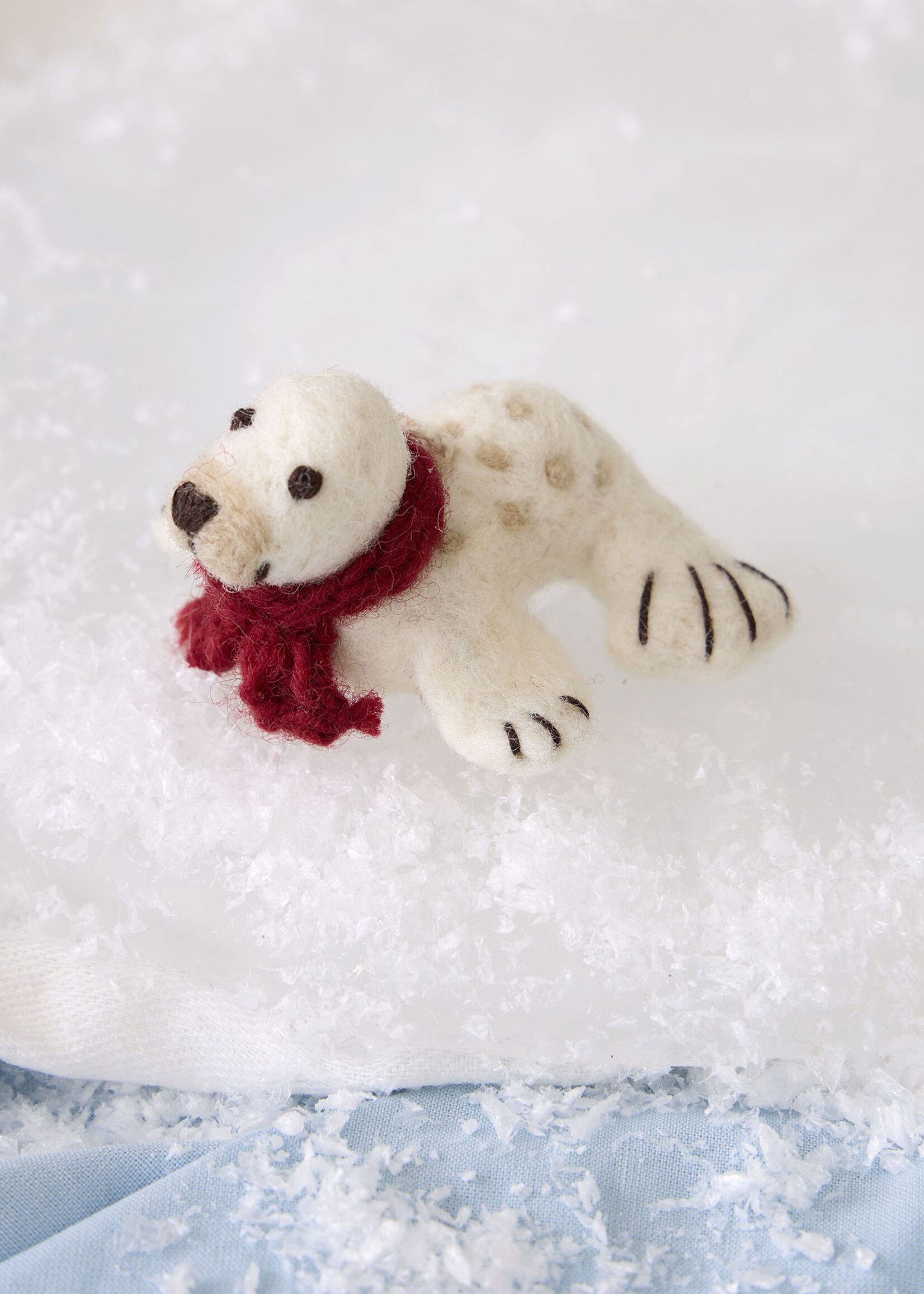 Gry and Sif Felt Baby Seal with Red Scarf Ornament
