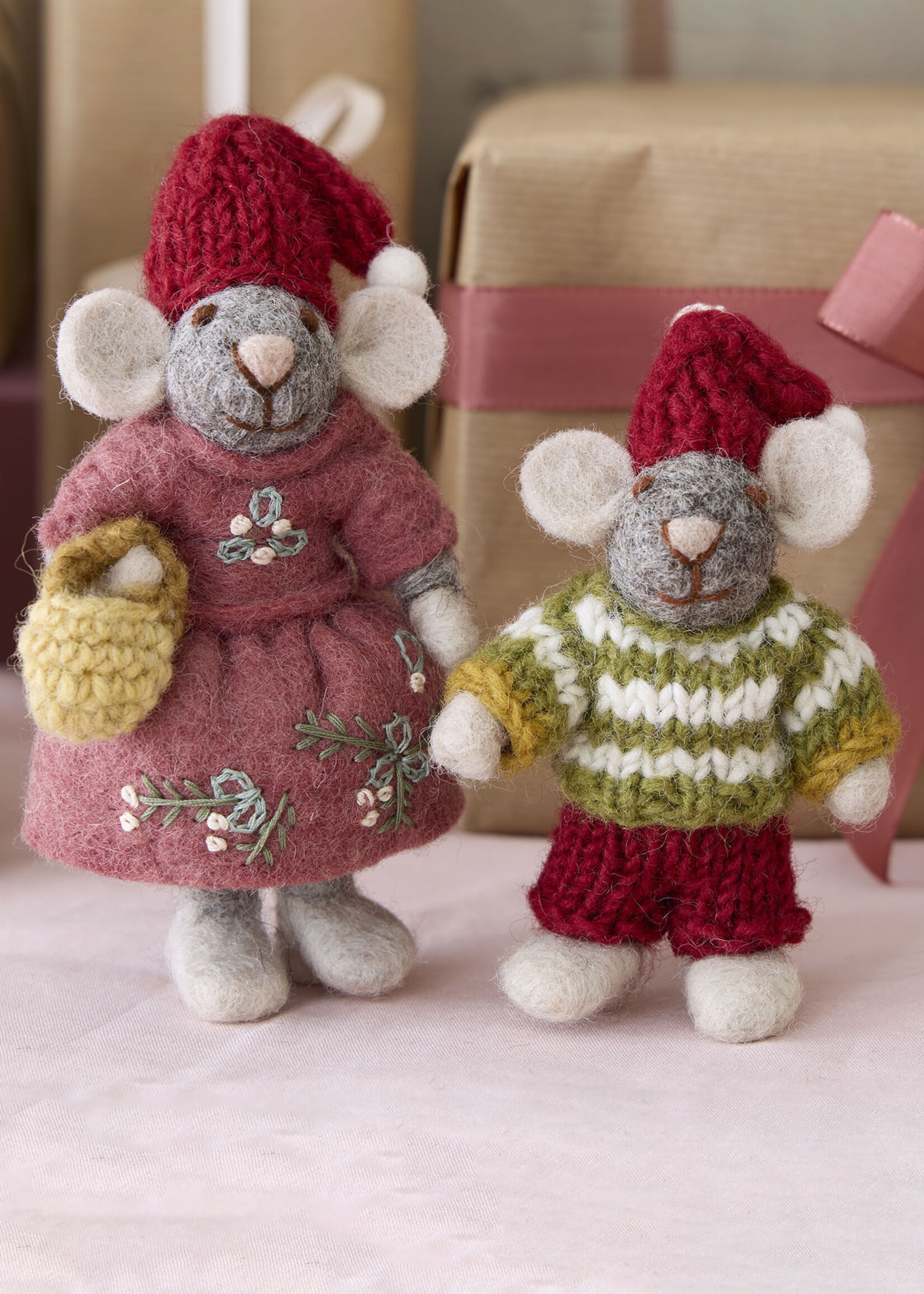 Gry and Sif Mini Felt Grey Boy Mouse with Striped Sweater Ornament