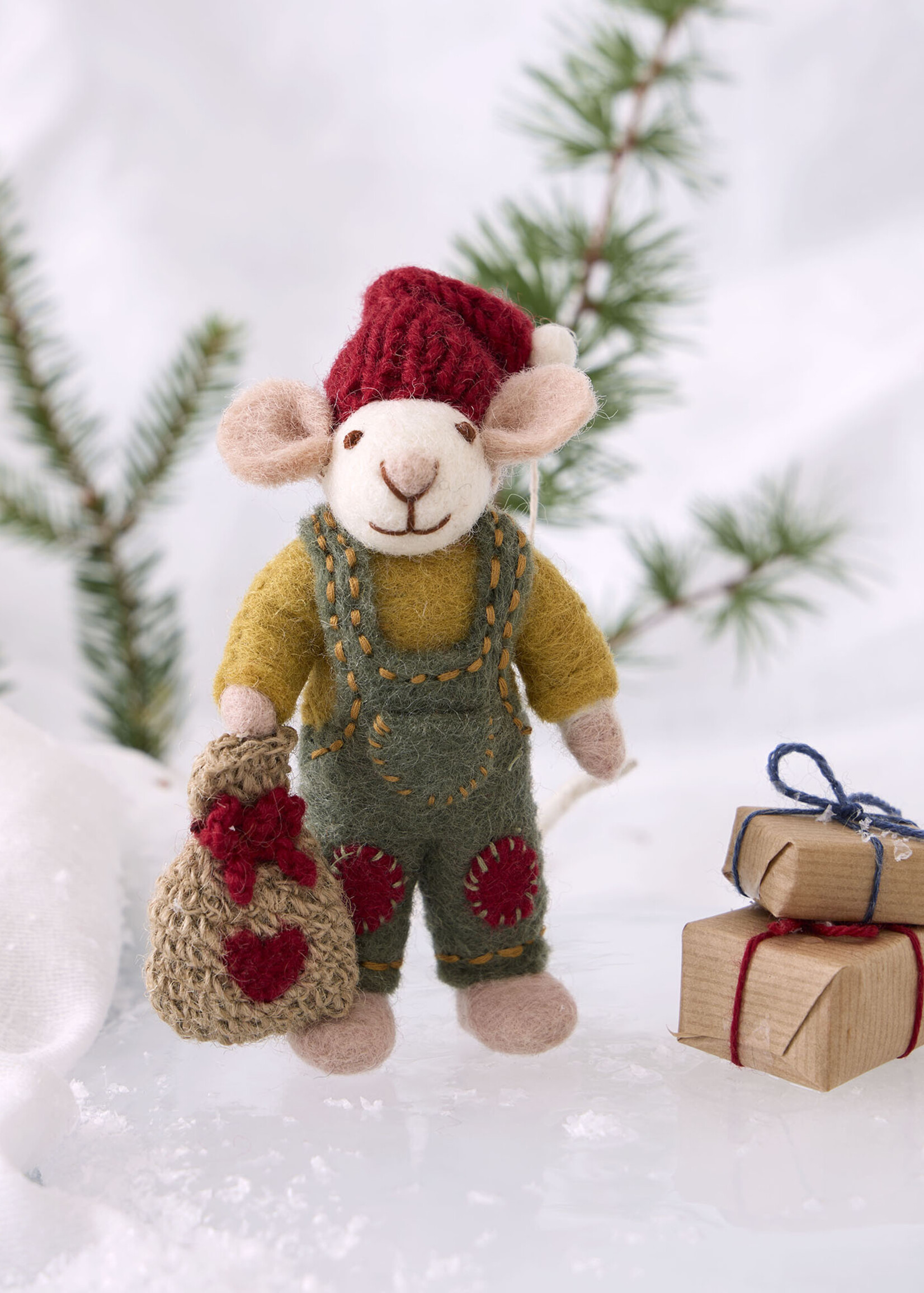 Gry and Sif Felt White Boy Mouse with Gift Bag Ornament