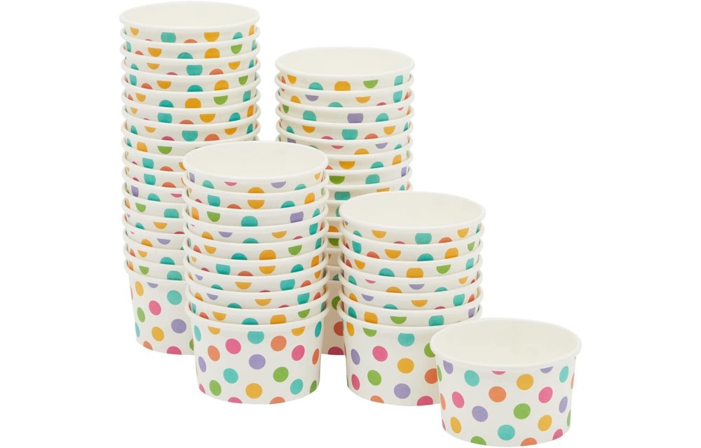 Disposable Paper Ice Cream Sundae/ Frozen Yogurt Cups/Bowls bulk 8oz (50 Pack Rainbow Polka Dot )
