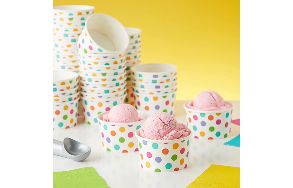 Disposable Paper Ice Cream Sundae/ Frozen Yogurt Cups/Bowls bulk 8oz (50 Pack Rainbow Polka Dot )