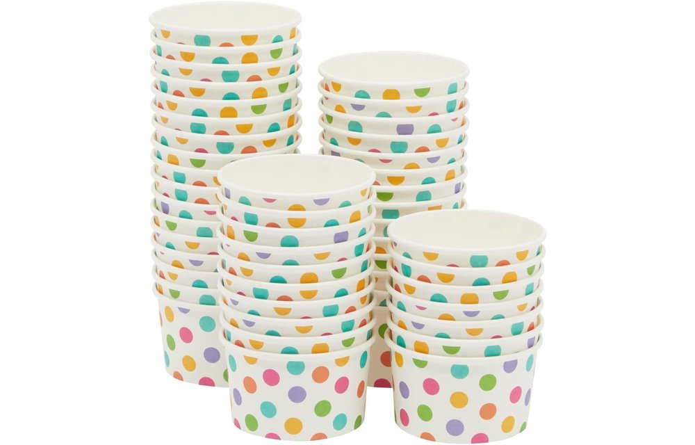 Disposable Paper Ice Cream Sundae/ Frozen Yogurt Cups/Bowls bulk 8oz (50 Pack Rainbow Polka Dot )