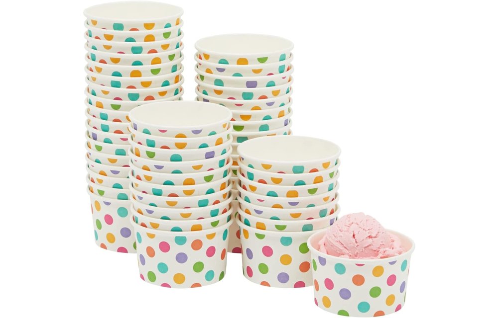 Disposable Paper Ice Cream Sundae/ Frozen Yogurt Cups/Bowls bulk 8oz (50 Pack Rainbow Polka Dot )