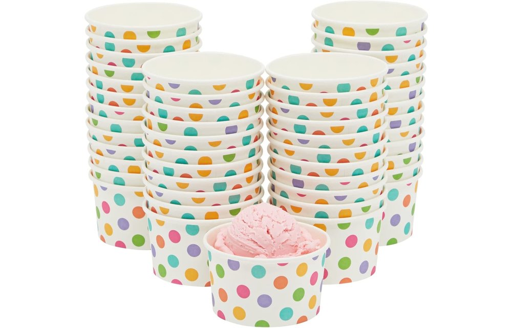 Disposable Paper Ice Cream Sundae/ Frozen Yogurt Cups/Bowls bulk 8oz (50 Pack Rainbow Polka Dot )