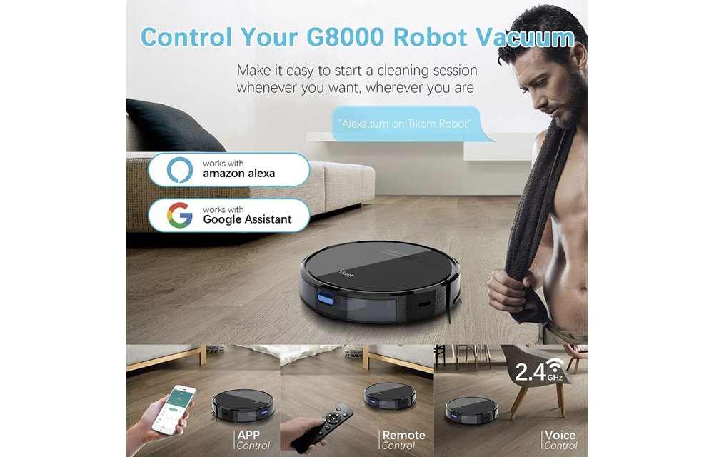 Robot Vacuum and Mop, Tikom G8000 Robot Vacuum Cleaner, 2700Pa Strong Suction, Self-Charging, Good for Pet Hair, Hard Floors, Black