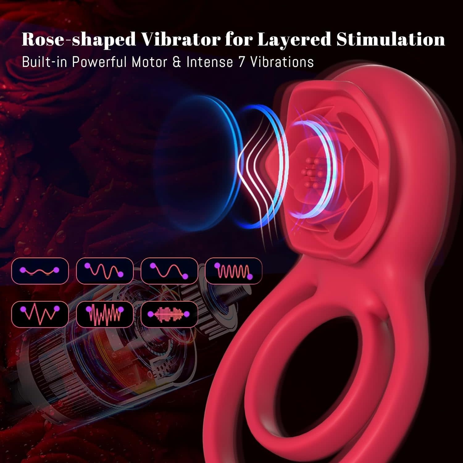 Adult Sex Toy - Vibrating Cock Ring with Rose Clitoral Stimulator