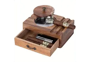 TGR - Cigar Ashtray Vintage Wooden w/ Drawer 7"