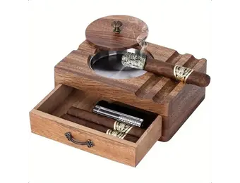 TGR - Cigar Ashtray Vintage Wooden w/ Drawer 7"