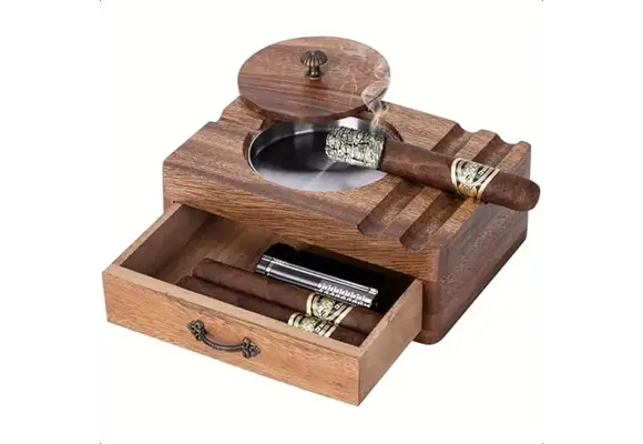 TGR - Cigar Ashtray Vintage Wooden w/ Drawer 7"
