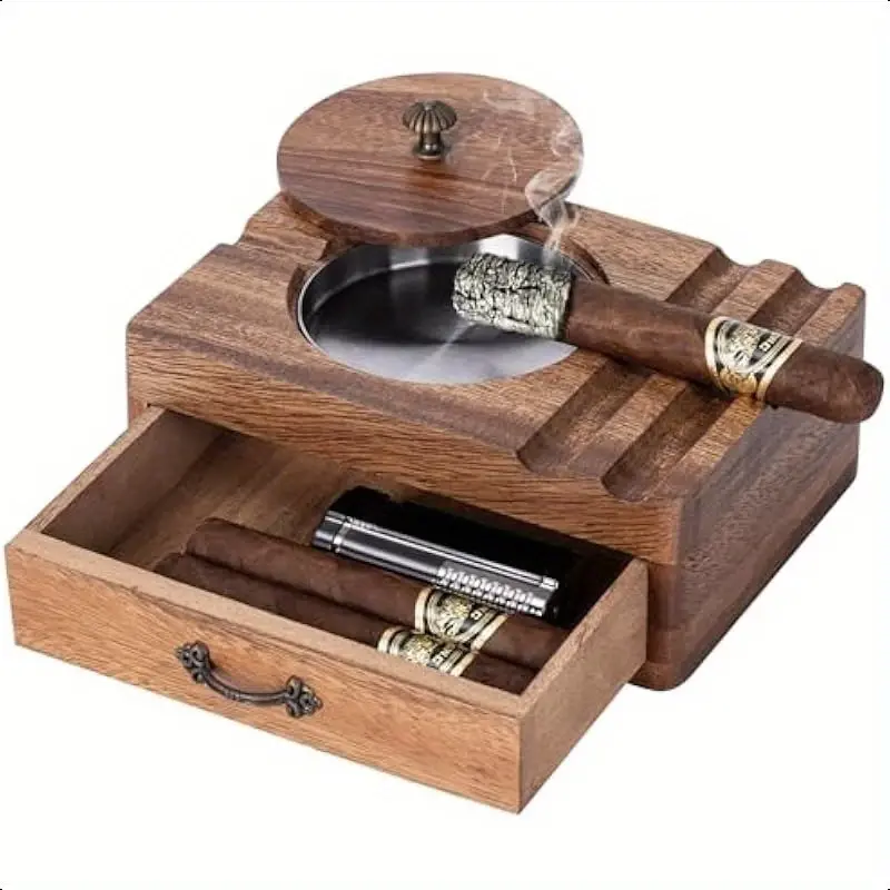 TGR - Cigar Ashtray Vintage Wooden w/ Drawer 7"