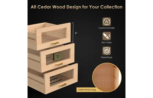 TGR - Cigar Humidor Cabinet Wooden 3 Drawer Walnut 13.7"