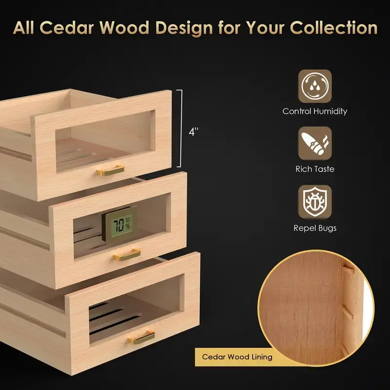 TGR - Cigar Humidor Cabinet Wooden 3 Drawer Walnut 13.7"