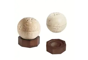 TGR - 3pc Travertine Incense holder with Wood Hexagonal Base