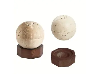 TGR - 3pc Travertine Incense holder with Wood Hexagonal Base