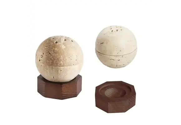 TGR - Incense Holder Travertine w/ Wooden Hexagonal Base 3pc