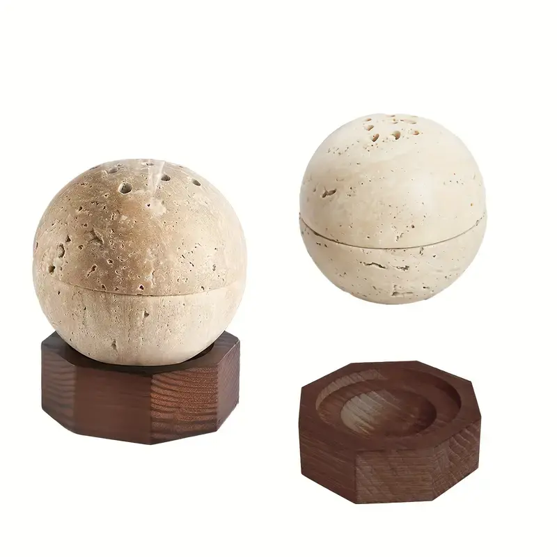 TGR - 3pc Travertine Incense holder with Wood Hexagonal Base