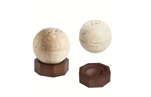 TGR - 3pc Travertine Incense holder with Wood Hexagonal Base