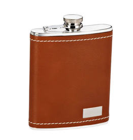 Brouk & Co Leather Flask W/White Stitching 8oz  - Brown