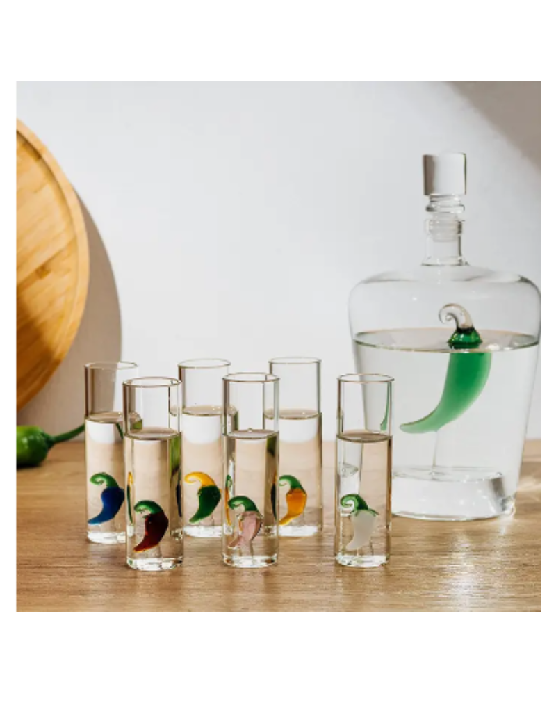 Tequila Decanter Set w/6 Pepper Shot Glasses