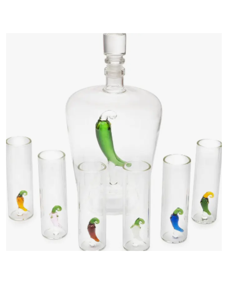 Tequila Decanter Set w/6 Pepper Shot Glasses