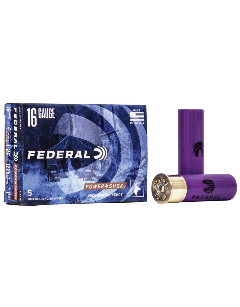 Federal Power-Shok Buckshot - 16GA, 2 3/4", 12 Pellets, 1 Buck, Box of 5 (F1641B)