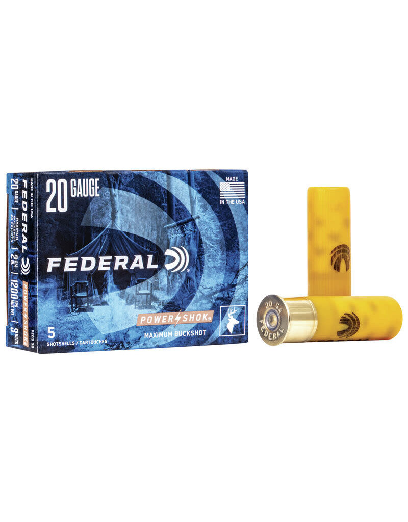 Federal Power-Shok Buckshot - 20GA, 2 3/4", 20 Pellets, 3 Buck, Box of 5 (F2033B)