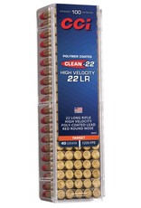 CCI Specifications and Features:  Caliber: 22 LR Bullet Type: Lead Round Nose Poly-Coated Bullet Weight: 40 gr Muzzle Energy: 135 ft lbs Muzzle Velocity: 1235 fps Casing Material: Brass Rounds Per Box: 100Clean-22 HV 22LR 40 GR LRN Box of 100 (944CC)