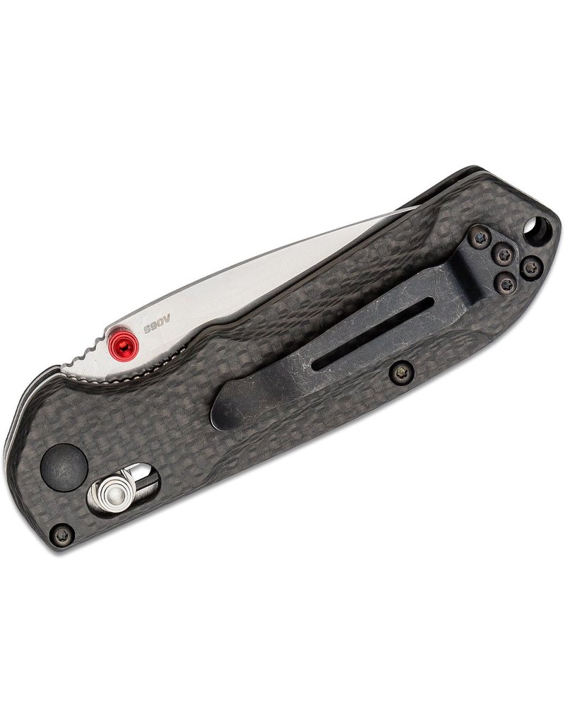 Benchmade Mini Freek - 3" Satin Plain Blade, Carbon Fiber Handles, S90V, True Red Accents (565-1)