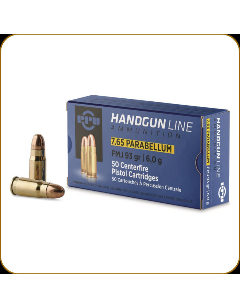 PPU Pistol Ammunition - 7.65 Parabellum, 93gr, FMJ, Box of 50 (PPH765P)