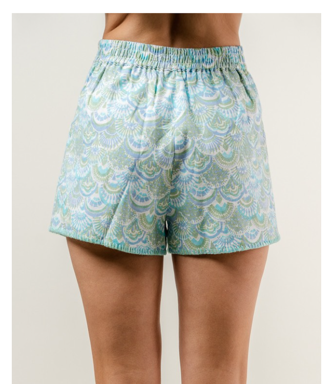 Hilton-linen printed shorts with blanket stitch