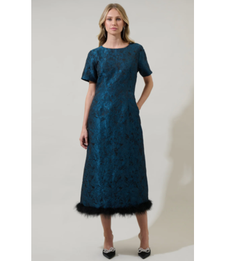 Page Floral Jacquard Feather Trim Midi Dress